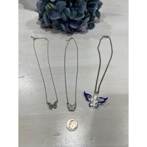 Necklace Lot: 3 Butterfly‎ Silver Tone Pendant Chain Jewelry